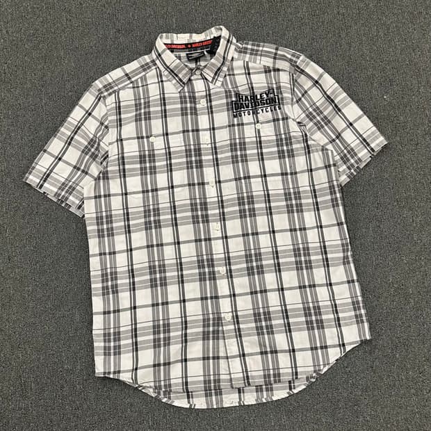 M)할리데이비슨 vintage 체크 백 자수 로고 반팔셔츠