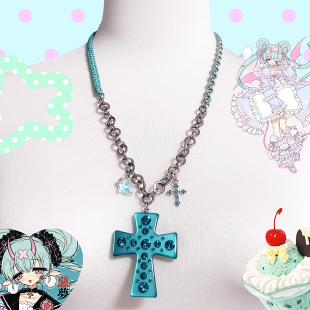 엔젤러브 커스텀 하츠네미쿠 십자가 체인 레이어드 민트 목걸이
