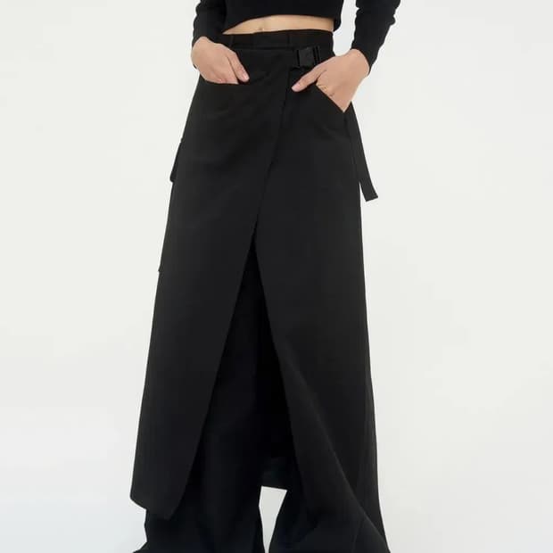 트리밍버드 카고 벨티드 랩 스커트 팬츠 블랙