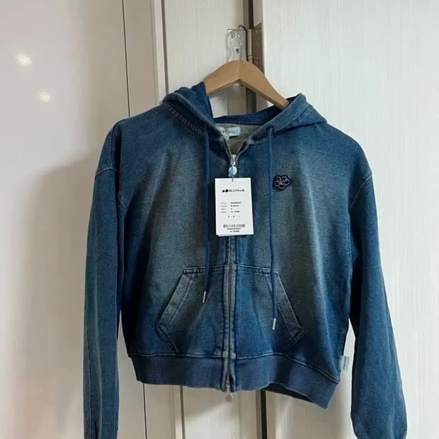 와키윌리 데님워싱 크롭 후드집업 블루 S