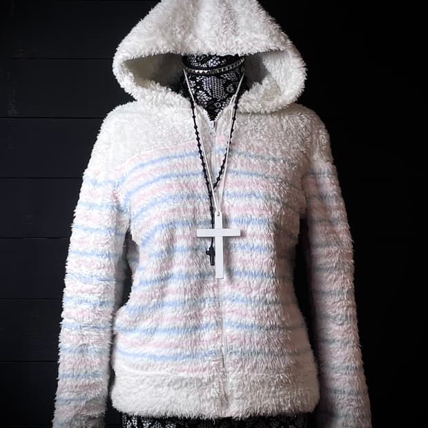 JPN 핑크 블루 스트라이프 패턴 줄무늬 화이트 퍼 후드집업