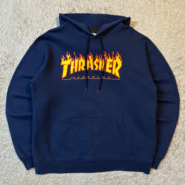 트레셔 THRASHER 플레임 로고 후드티 네이비