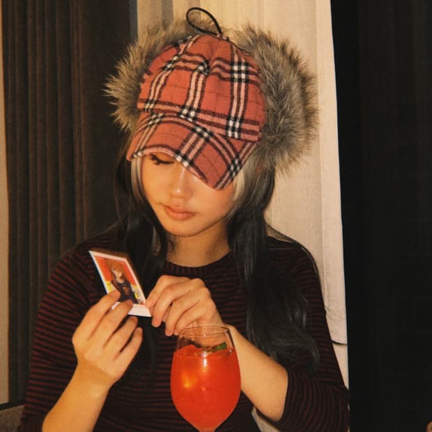 핑크 체크 퍼 볼캡