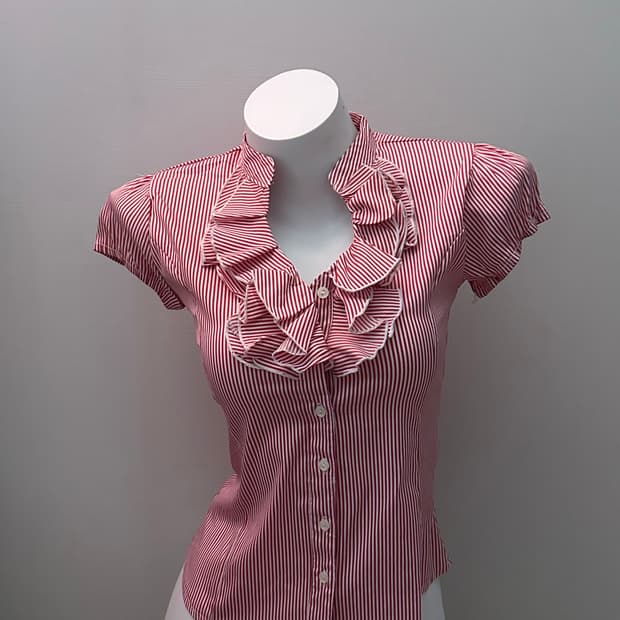 빈티지 프릴 반소매 스트라이프 블라우스