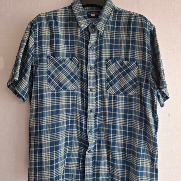 XL RRL 더블알엘 인디고 플래드 더블페이스 블루 체크 반팔 셔츠