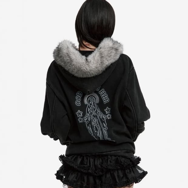 러프넥 블레스 퍼 집업 후디 차콜 후드집업 퍼후드