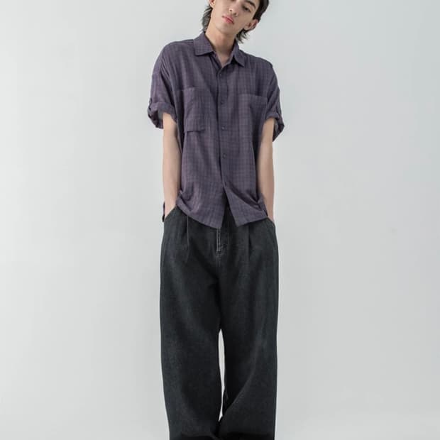 밀로 아카이브 롤업 체크 반팔 셔츠 (빈티지 퍼플, XL)