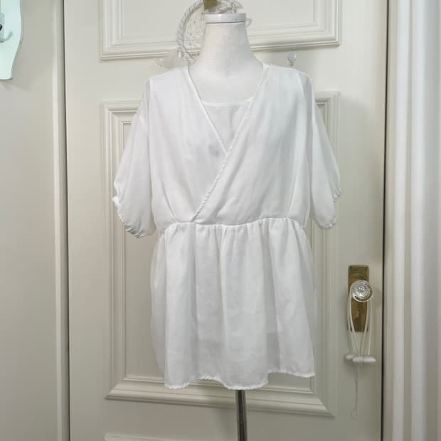 white shirring v-neck back bow blouse