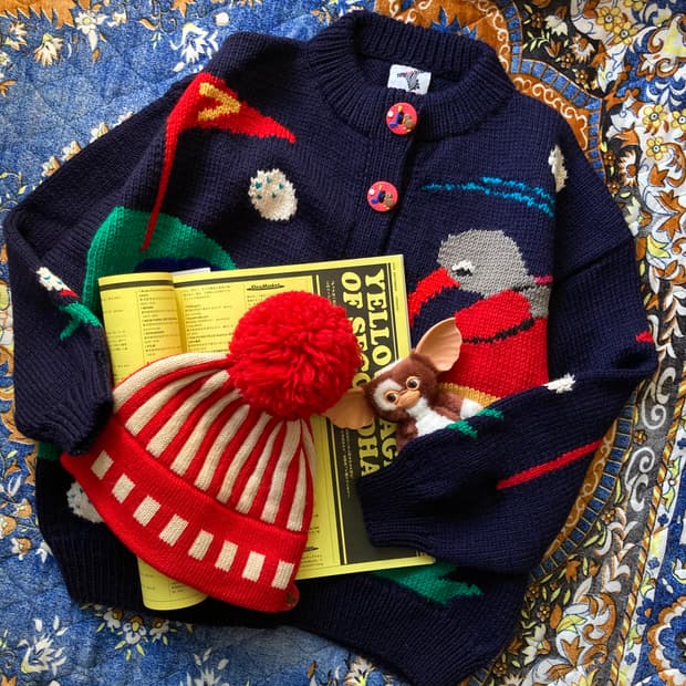 빈티지 키위새 골프 패턴 네이비 오버핏 핸드메이드 뜨개 니트 스웨터
