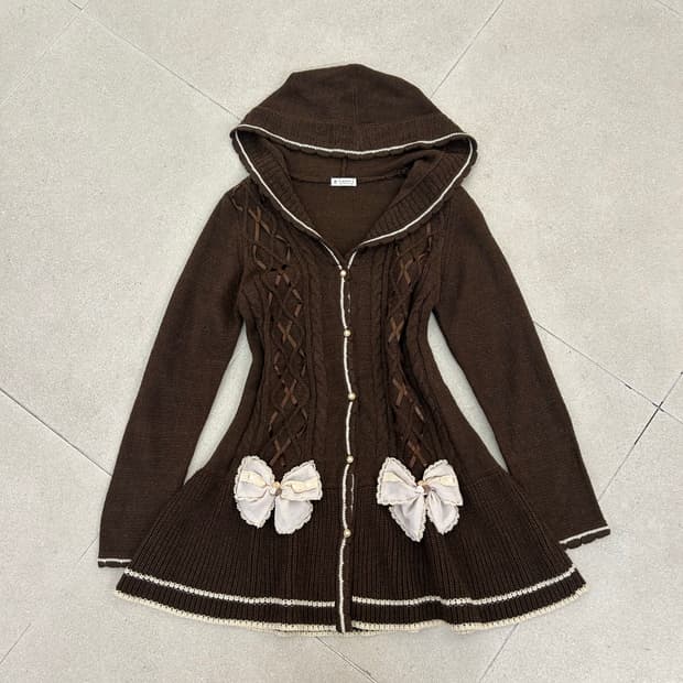 엑시즈팜 리본 후디 롱 가디건