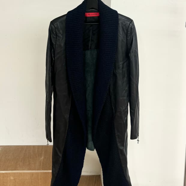 레저렉션 블랙 니트 숄 칼라 레더 롱코트