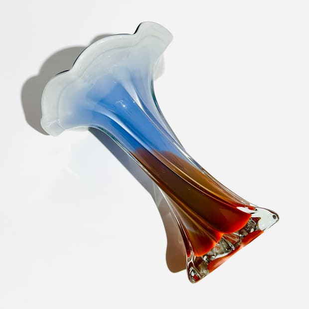 빈티지 무라노 아트글라스 블루 오렌지 러플 화병