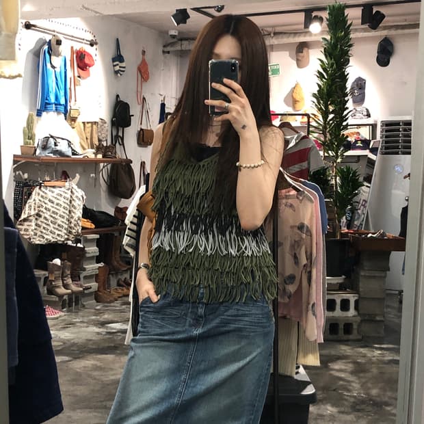 [2656]khaki fringe sleeveless top
