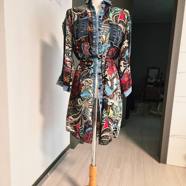 에스닉 페이즐리 데님 믹스 롱 셔츠 원피스