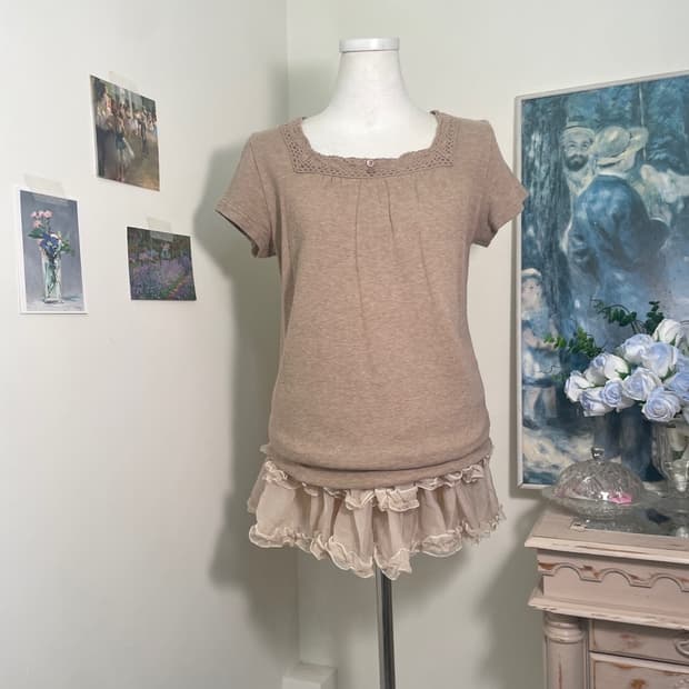 beige crochet point mori cotton top
