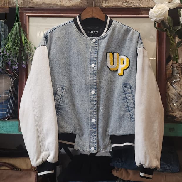 90s 빈티지 데님 바시티 자켓 봄버자켓 자수 M