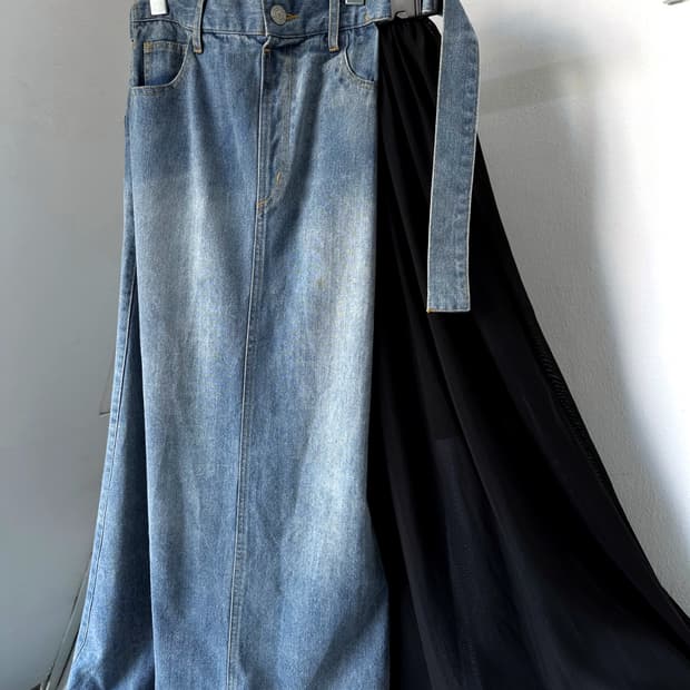 One washed panel belted wrap denim skirt