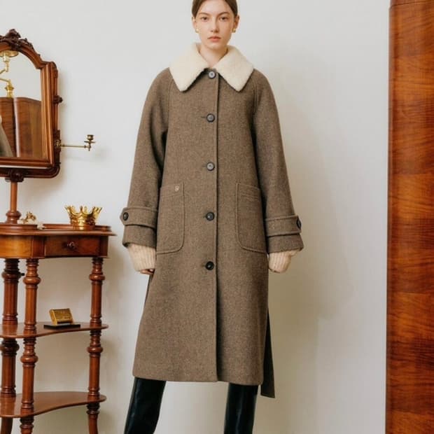 룩캐스트 티아 울 코트 브라운 퍼 카라