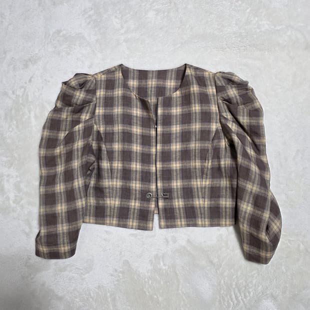 (F)여성 JS뉴욕 퍼프 셔링 슬리브 린넨 체크 자켓