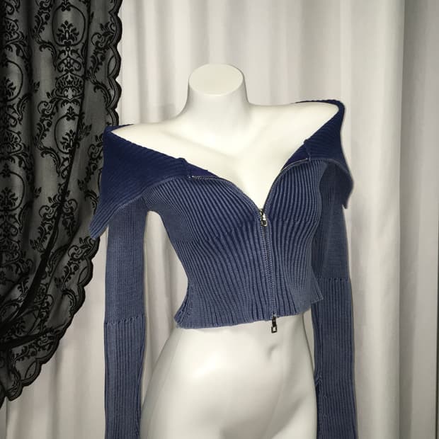 제이디드런던st 투웨이 지퍼 오프숄더 니트 집업 탑 워싱 블루