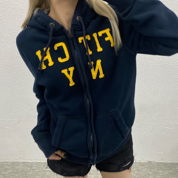 아베크롬비 옐로우 센터로고 네이비 후드집업 M
