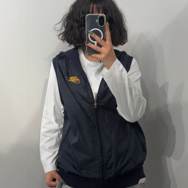 L 나이키 팀 올드스쿨 후드 나일론 조끼 집업 네이비