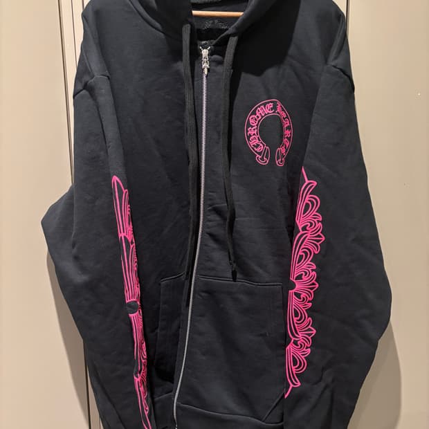 XXL 새상품 크롬하츠 홀스슈 플로랄 플리스 집업 후드 블랙 핑크