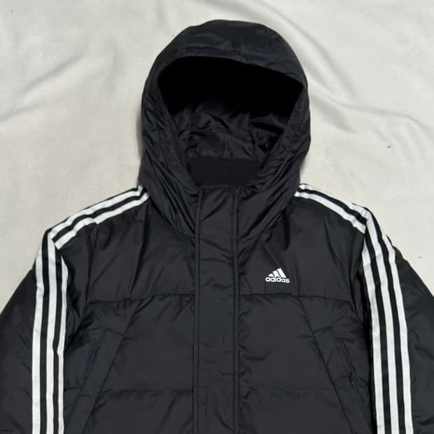 L 아디다스 화이트라인 블랙 후드 롱 패딩