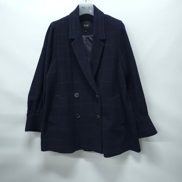 [A+G] 여성 클래식 네이비 체크 더블 하프 코트(77)