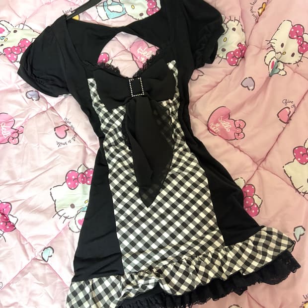 갸루 블라우스 퍼프 체크 등파임 원피스 딱붙핏