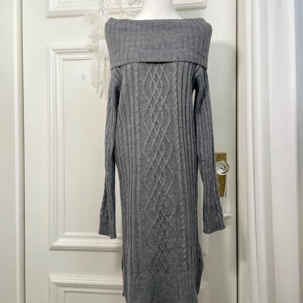 gray off-shoulder side-slit sweater opc