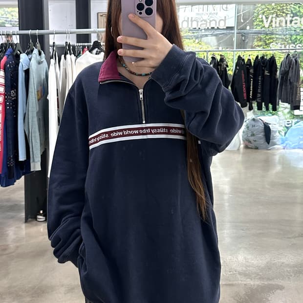 스투시 올드스쿨 트라이브워드 테이핑 반집업 버건디네이비
