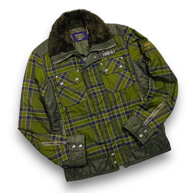 펑크 에너지 골드 그린 타탄체크 빈티지 자켓