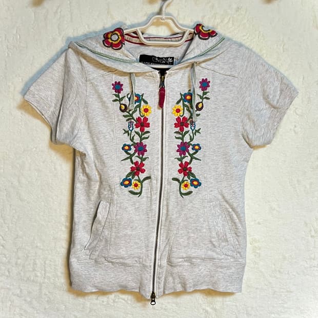 빈티지 히피 자수 반팔 후드 집업