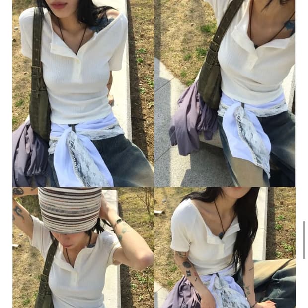모래하우스 플리츠 헨리 하프t 아이보리 
