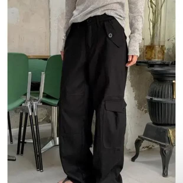 데일리쥬 클랜시 카고 와이드 팬츠 - 블랙 s