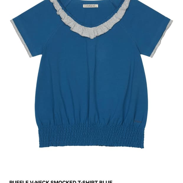 RUFFLE V-NECK SMOCKED T-SHIRT BLUE