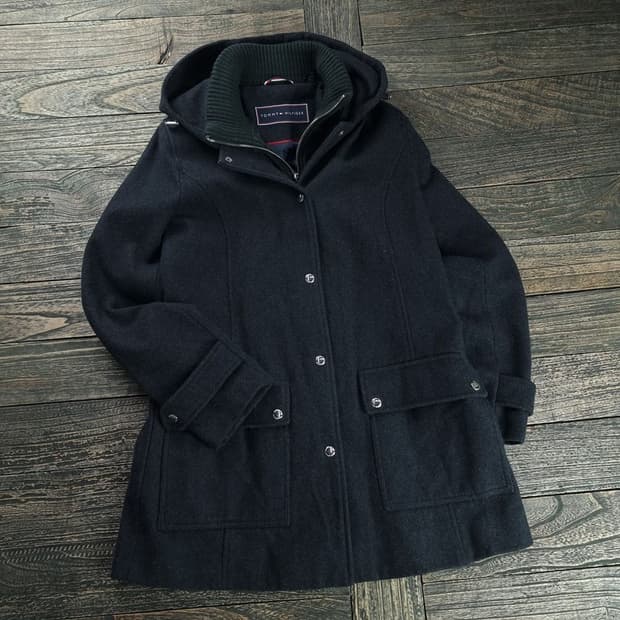 [타미힐피거] 집업 넥 레어이더 모직 후드 코트 챠콜 M18618