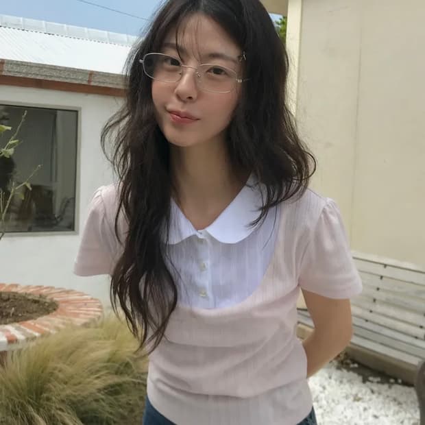 레터프롬문 베슈아 레이어드 카라 탑 핑크 크롭 반팔 티셔츠