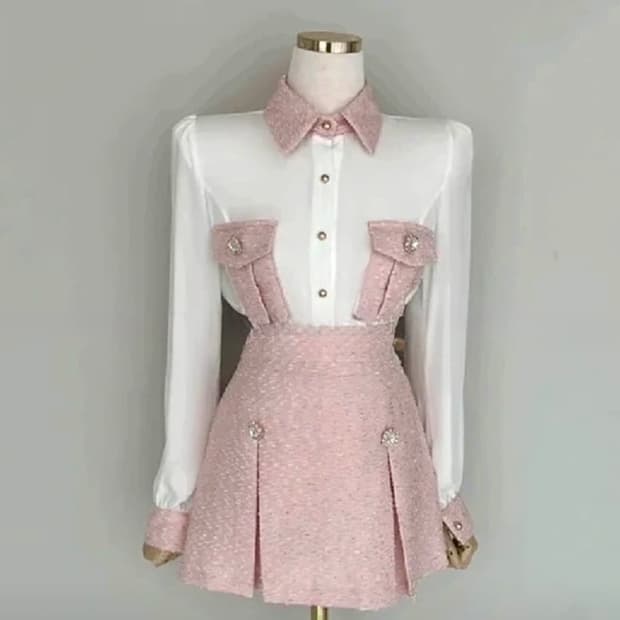 [새상품] 트위드 핑크 블라우스 스커트 세트