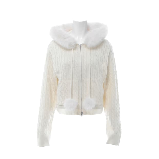 일본 INGNI 퍼 후드 꽈배기 니트 후드집업 아이보리