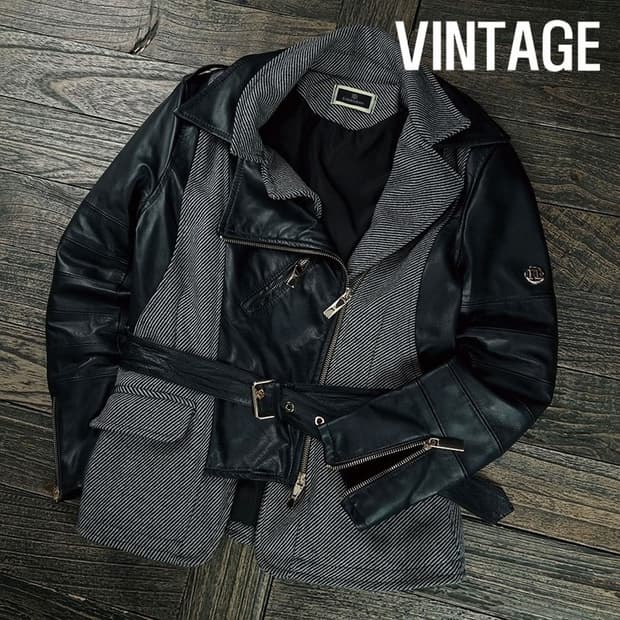 [빈티지] 리얼 쉽스킨 양가죽 울 도킹 사선 라이더 레더자켓 M19474