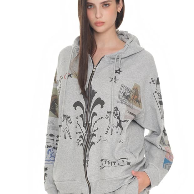 투머치택스 프린티드 와플 집업 후디 그레이