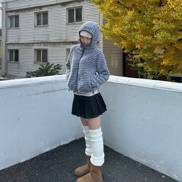 스트라이프 플리스 후드 자켓 블루