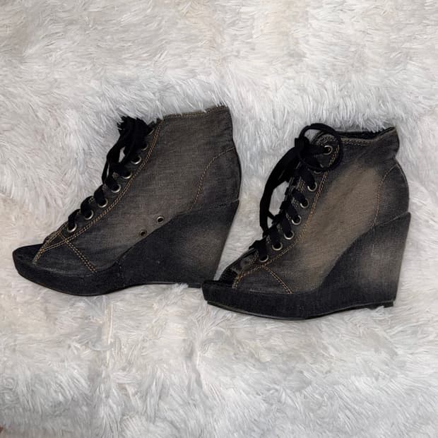 220 데님 레이스업 웨지힐 스니커즈