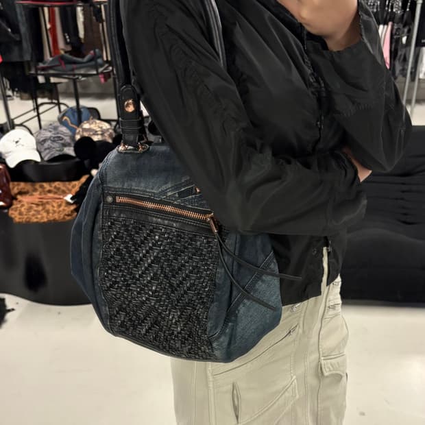 DIESEL denim x leather weave shoulder ba