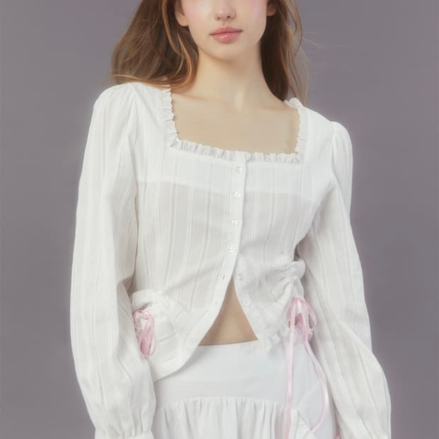 마가린핑거스 24ss 핑크 리본 스퀘어넥 블라우스 로맨틱