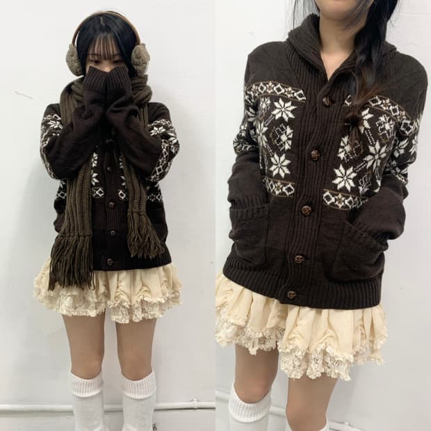 [JPN] 목도리 포함) 눈꽃 노르딕 코코아 폭닥 니트 가디