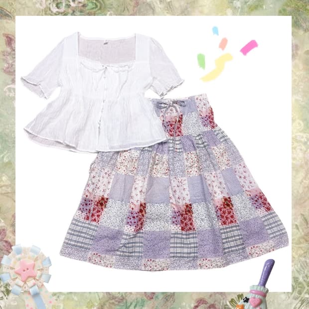 일본 아오이유우깔 화이트 스퀘어넥 블라우스 패치워크 스커트 코디 세트