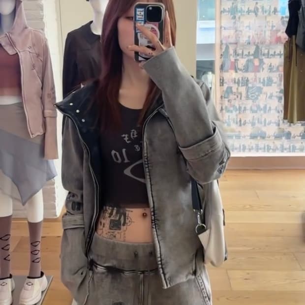 미스치프 컷 오프 후드 워시드 차콜 M